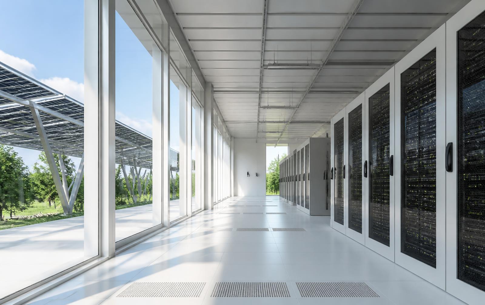 Data centre hall with rows of server racks