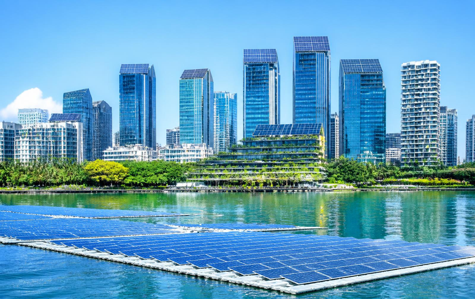 Southeast Asian skyline with rooftop and floating solar arrays