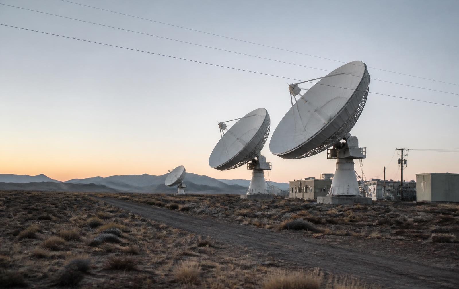 Satellite ground station antennas on an arid plateau at dawn
